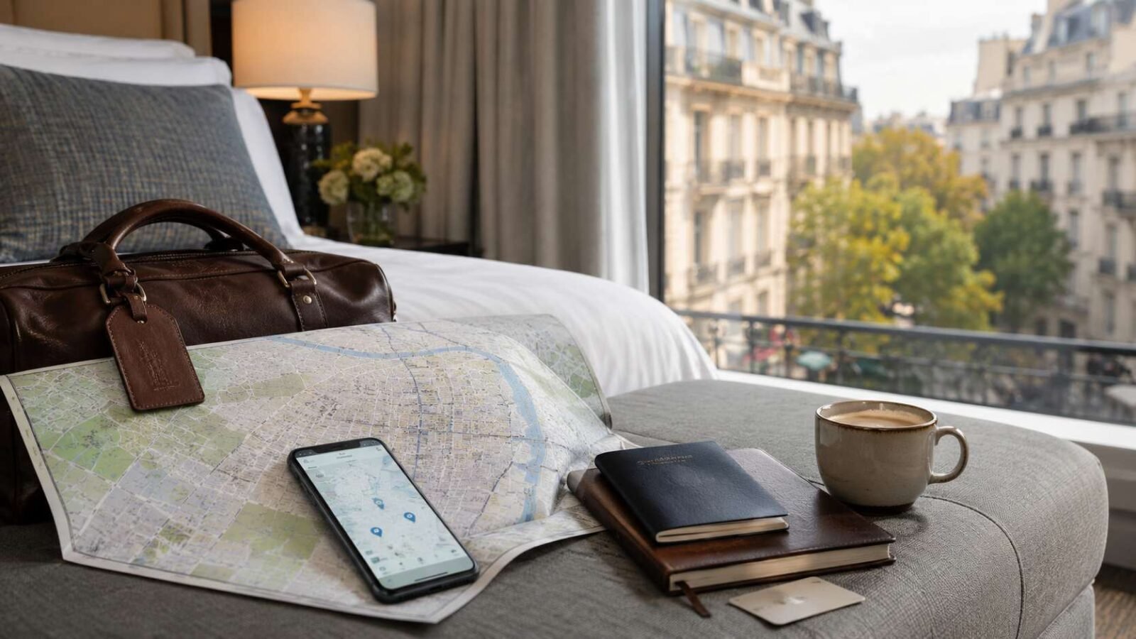 Traveler choosing the ideal hotel location on a map with a laptop and travel notebook
