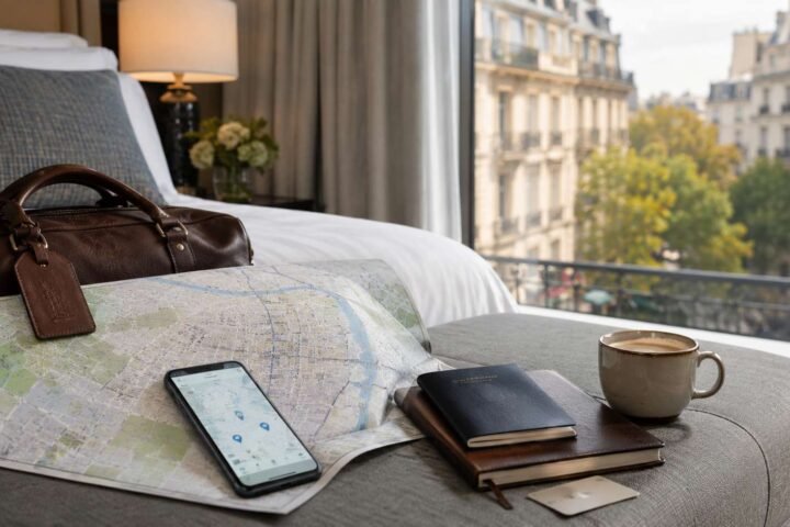 Traveler choosing the ideal hotel location on a map with a laptop and travel notebook