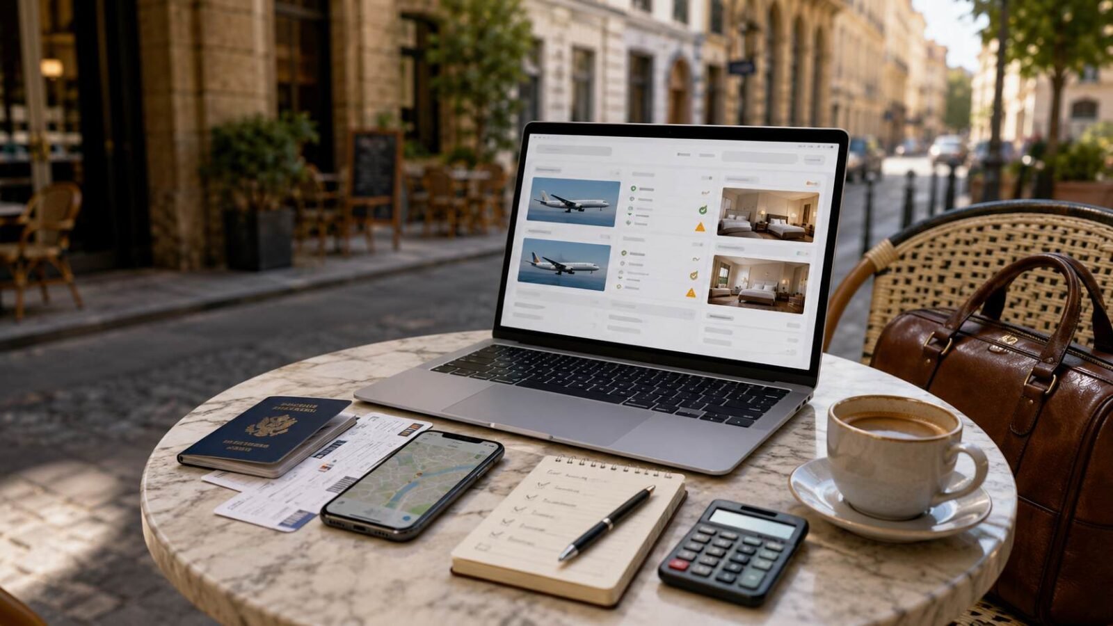 Laptop showing cheap travel comparison with map, passport, calculator and budget notebook