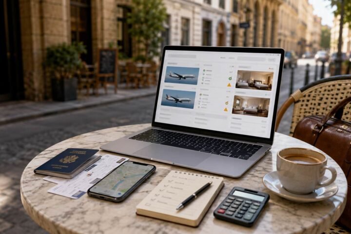 Laptop showing cheap travel comparison with map, passport, calculator and budget notebook