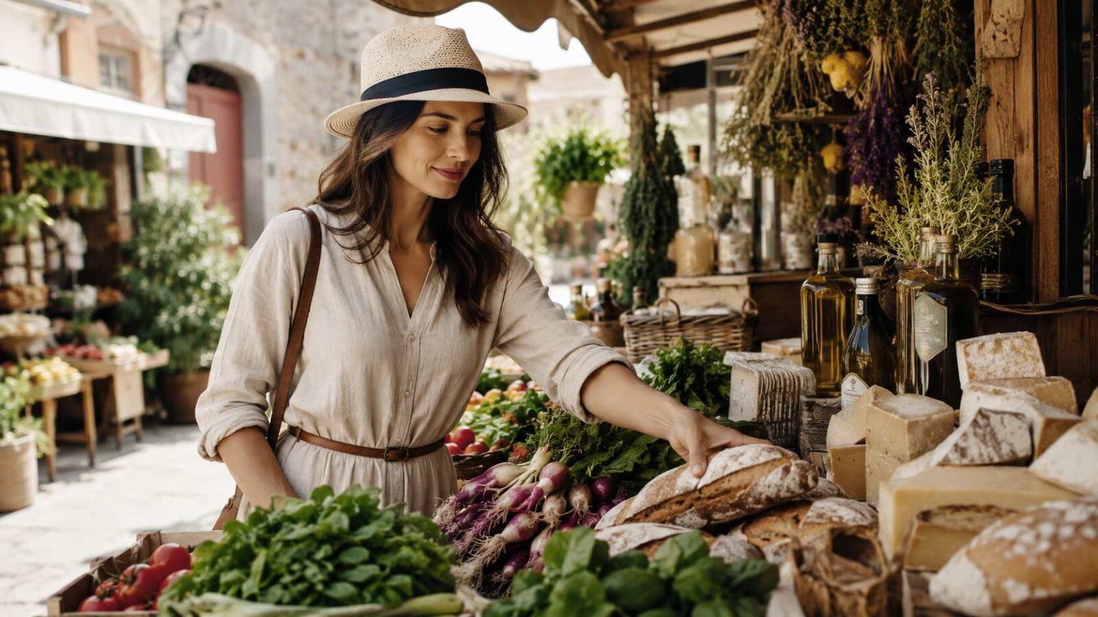 Traveler exploring fresh local products at a traditional market during an authentic gastronomic tourism experience---