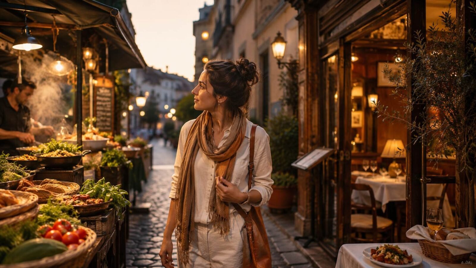 Traveler choosing between a lively street food stall and a warm traditional restaurant during a culinary trip---