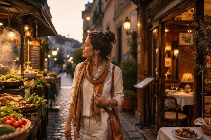 Traveler choosing between a lively street food stall and a warm traditional restaurant during a culinary trip---
