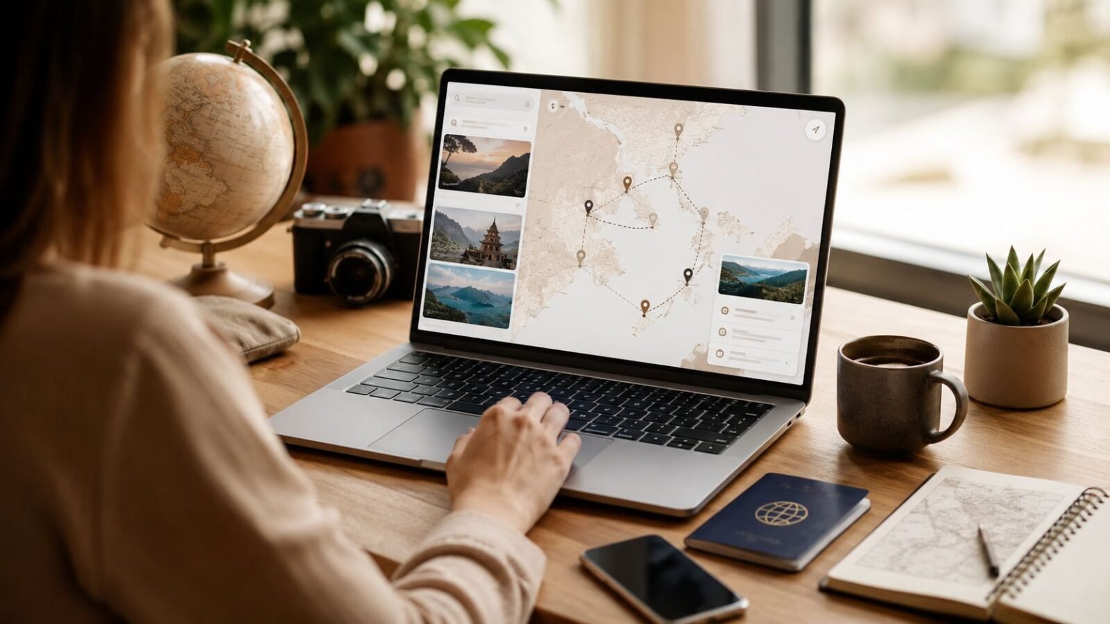 Traveler planning a personalized trip itinerary with artificial intelligence on a laptop.