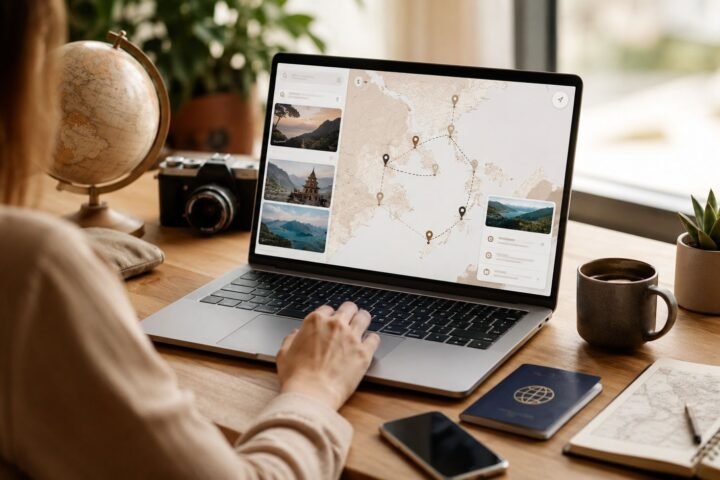 Traveler planning a personalized trip itinerary with artificial intelligence on a laptop.