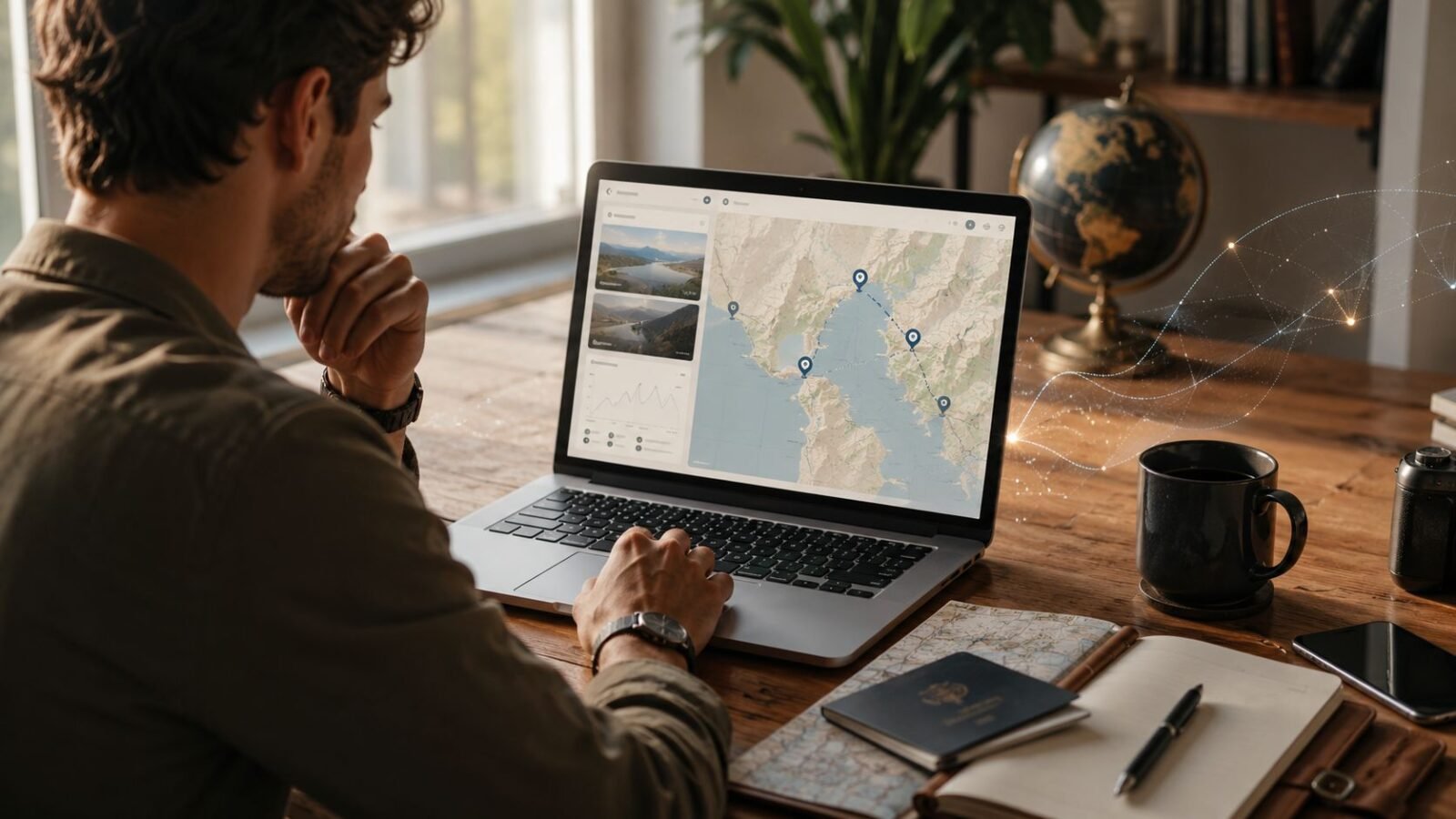 Traveler planning a personalized itinerary with artificial intelligence on a laptop