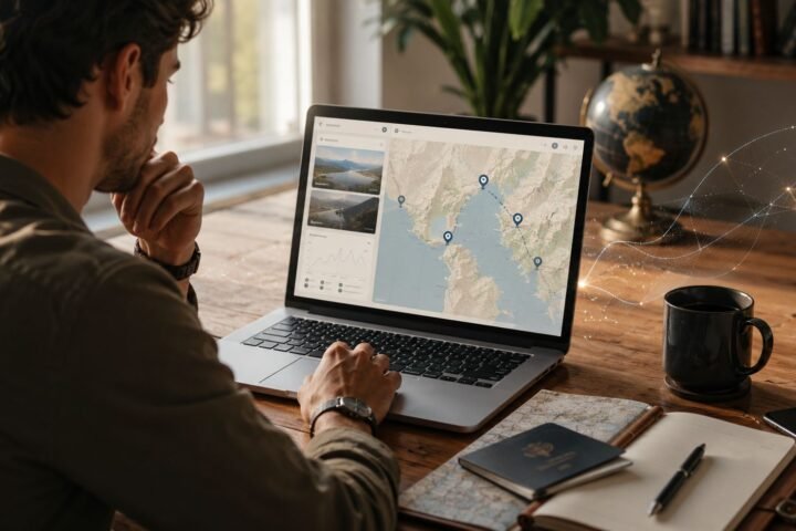 Traveler planning a personalized itinerary with artificial intelligence on a laptop