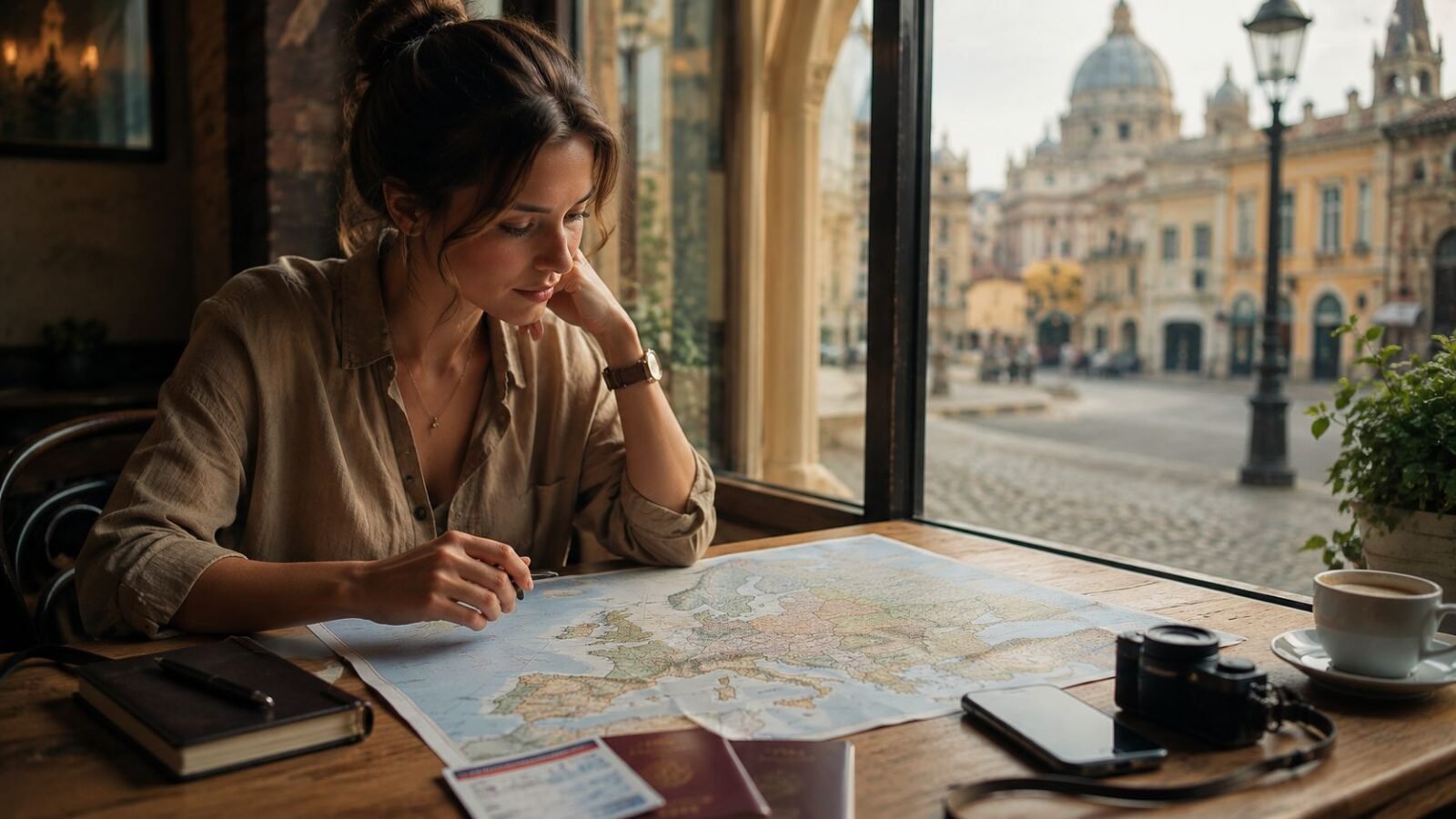 Traveler exploring a historic European city during a first trip to Europe