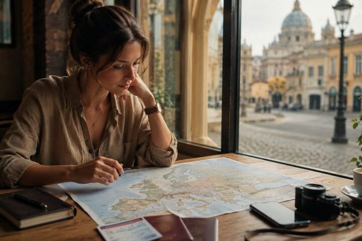 Traveler exploring a historic European city during a first trip to Europe
