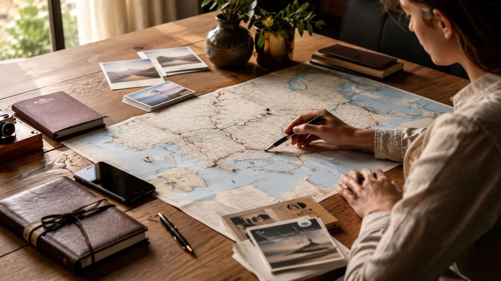 Traveler reviewing a personalized itinerary with a map, passport and travel notebook