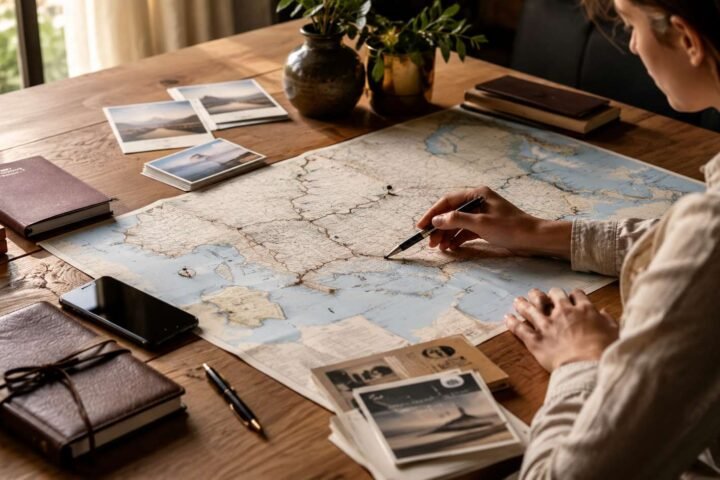Traveler reviewing a personalized itinerary with a map, passport and travel notebook