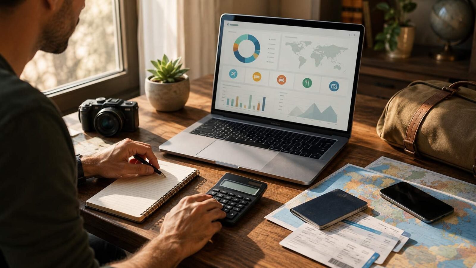 Traveler calculating the real budget of a trip with a map, notebook, laptop and travel tickets