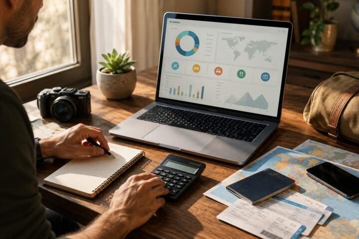 Traveler calculating the real budget of a trip with a map, notebook, laptop and travel tickets