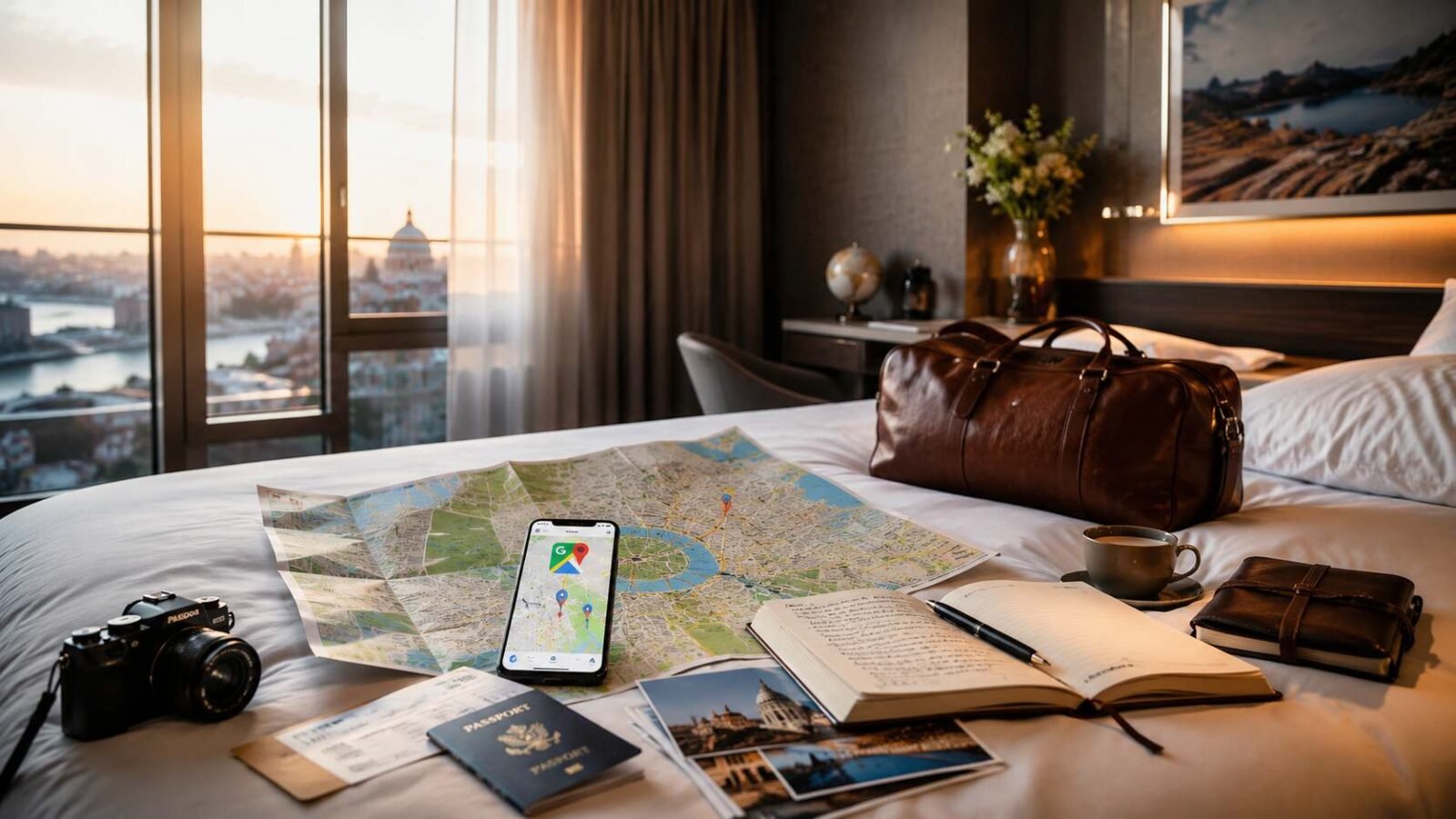 Travel map with smartphone location pins and personalized itinerary notebook