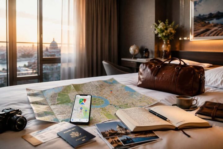 Travel map with smartphone location pins and personalized itinerary notebook
