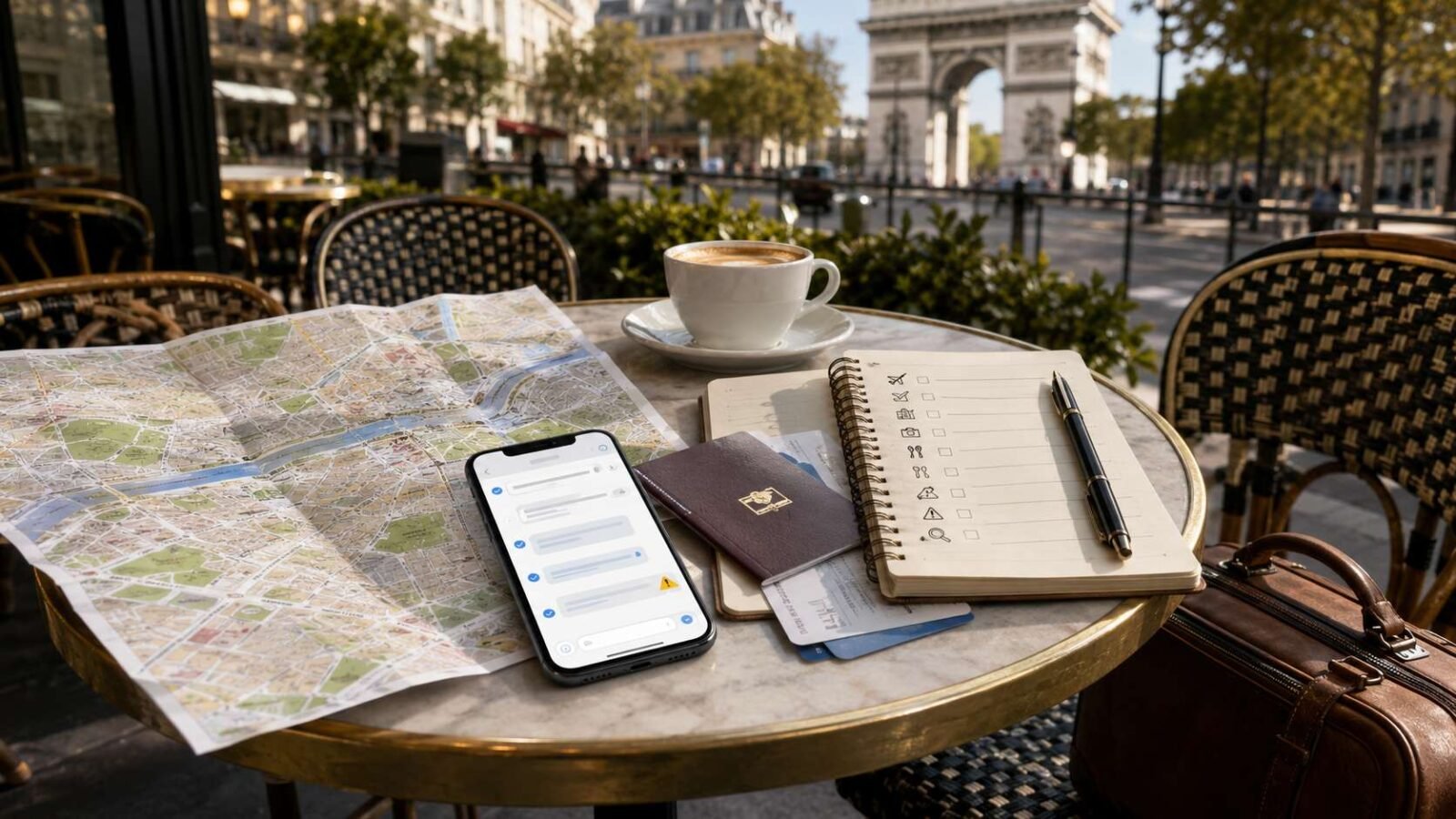 Smartphone avec assistant IA de voyage, carte, carnet d’itinéraire et passeport pour organiser un séjour