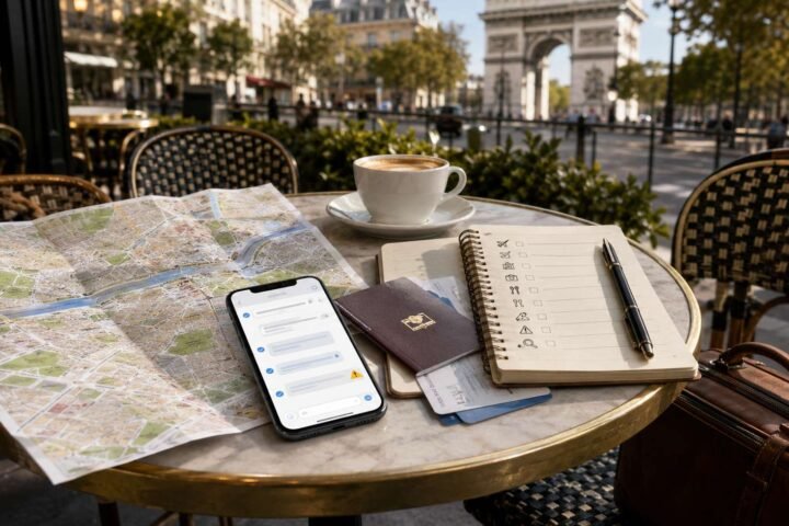 Smartphone with AI travel assistant, map, itinerary notebook and passport for planning a trip