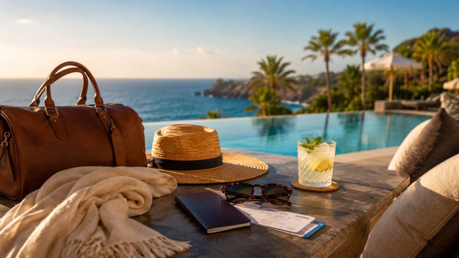 Premium winter sun travel scene with turquoise sea, palm trees, elegant luggage and warm golden light