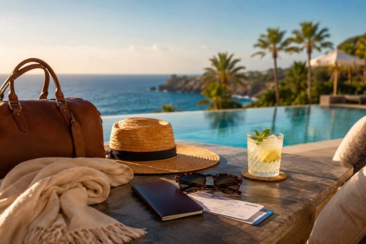 Premium winter sun travel scene with turquoise sea, palm trees, elegant luggage and warm golden light